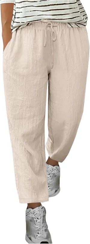 Summer Cotton Linen Pants for Women Boho Casual Loose Plus Size High Waist Lounge Trousers Straight Leg Beach Outfits