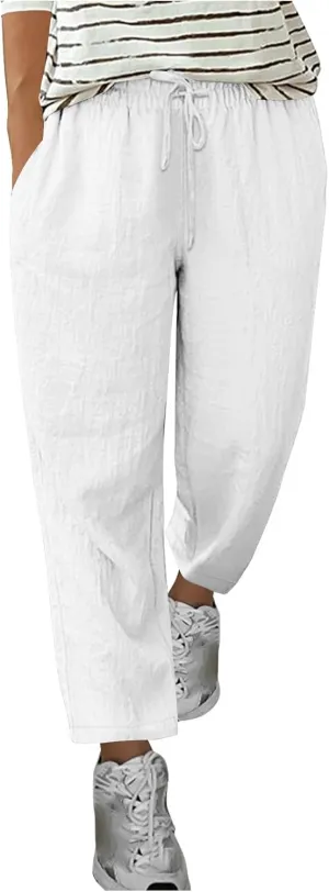Summer Cotton Linen Pants for Women Boho Casual Loose Plus Size High Waist Lounge Trousers Straight Leg Beach Outfits