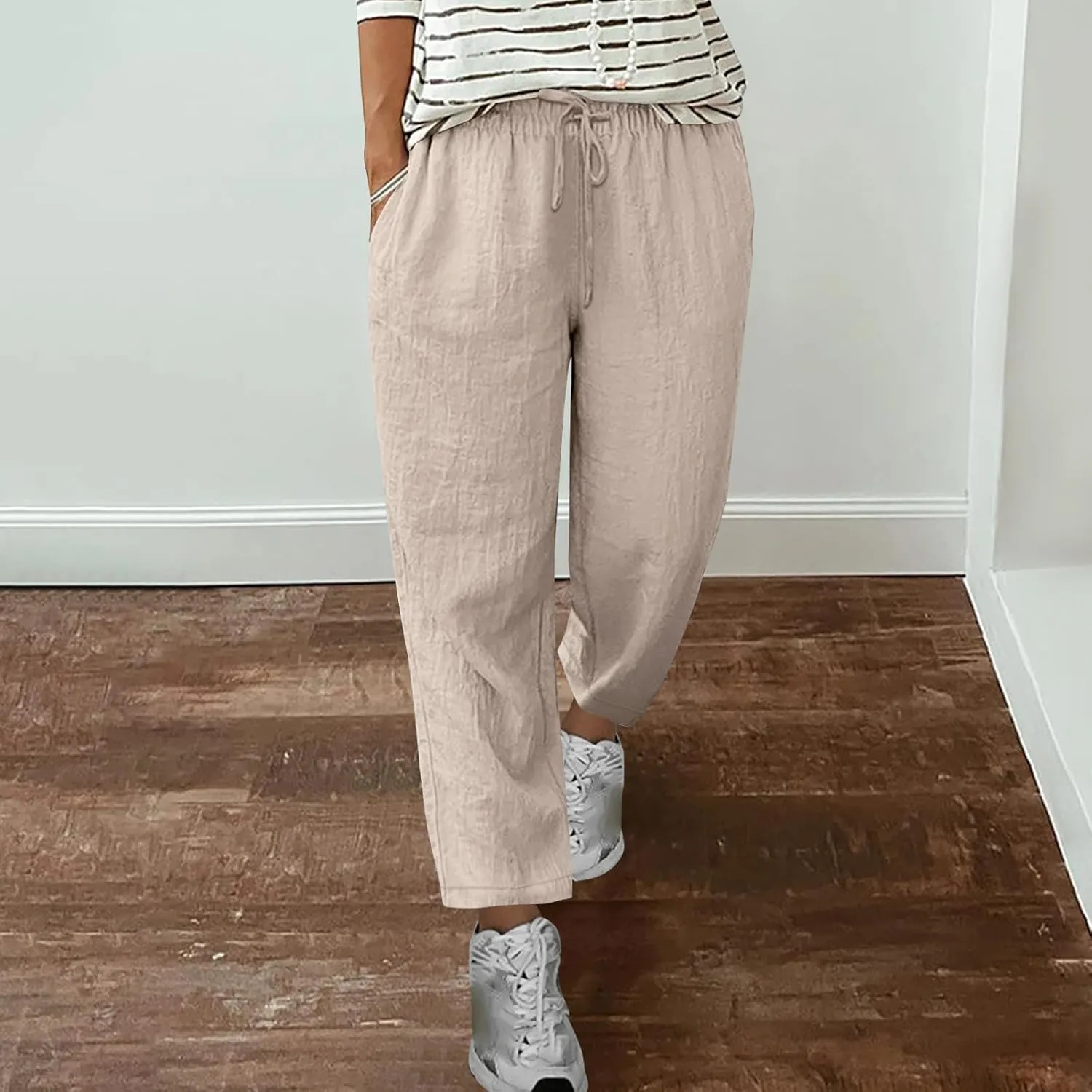 Summer Cotton Linen Pants for Women Boho Casual Loose Plus Size High Waist Lounge Trousers Straight Leg Beach Outfits