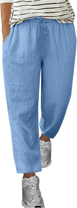Summer Cotton Linen Pants for Women Boho Casual Loose Plus Size High Waist Lounge Trousers Straight Leg Beach Outfits