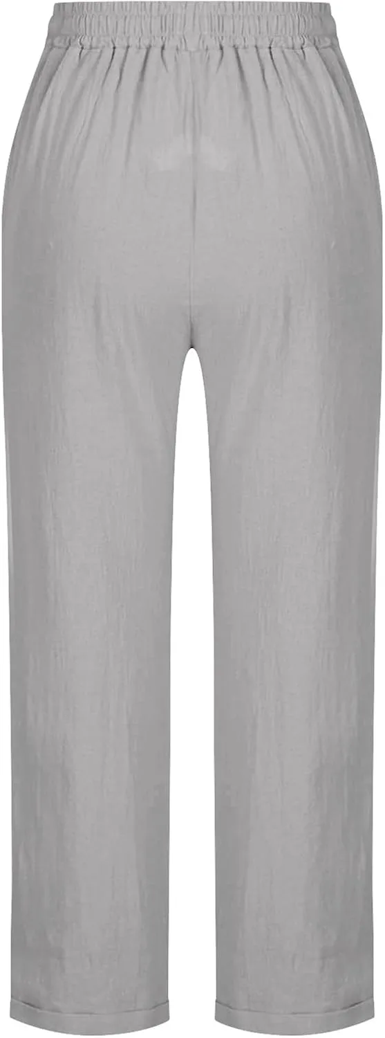 Summer Cotton Linen Pants for Women Boho Casual Loose Plus Size High Waist Lounge Trousers Straight Leg Beach Outfits
