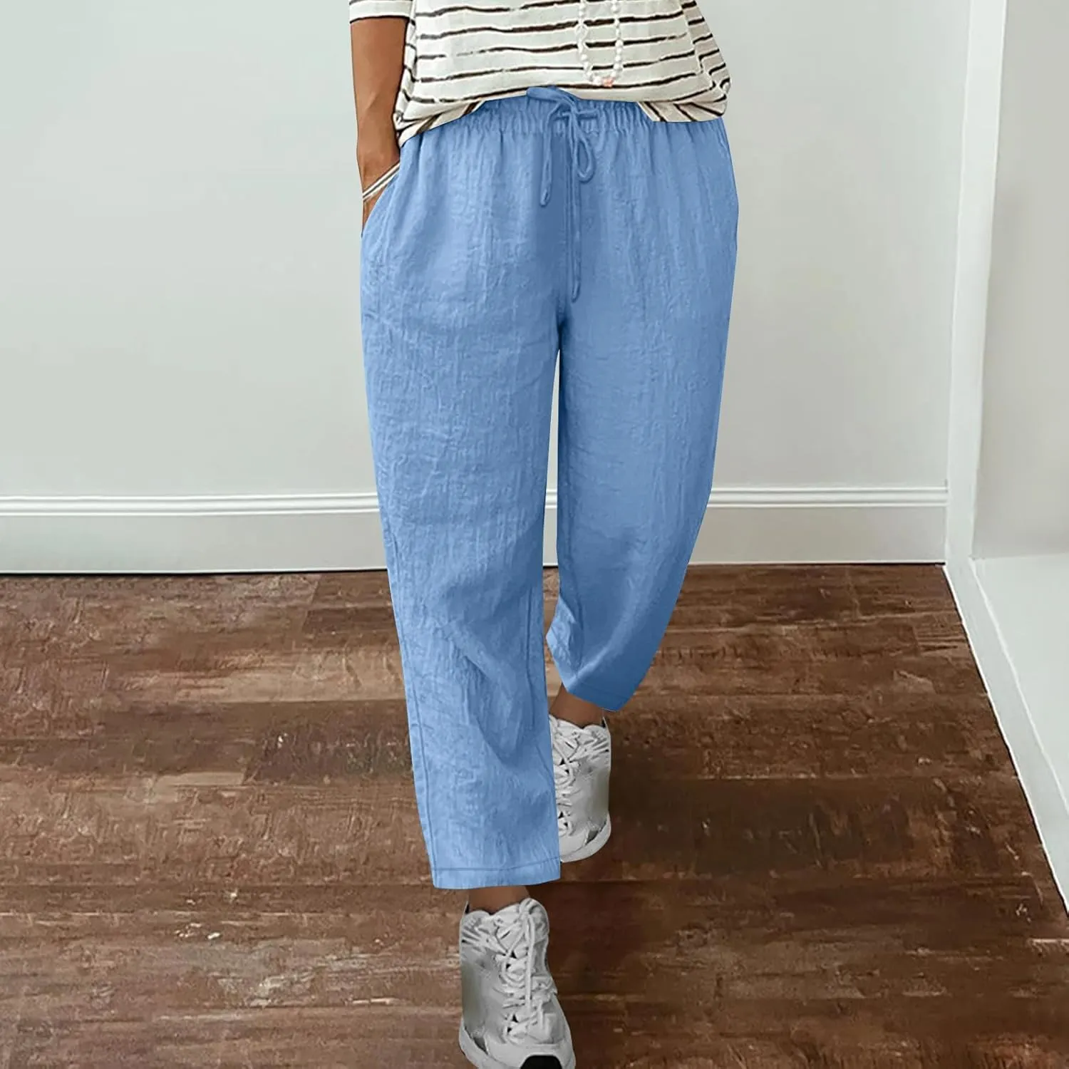 Summer Cotton Linen Pants for Women Boho Casual Loose Plus Size High Waist Lounge Trousers Straight Leg Beach Outfits