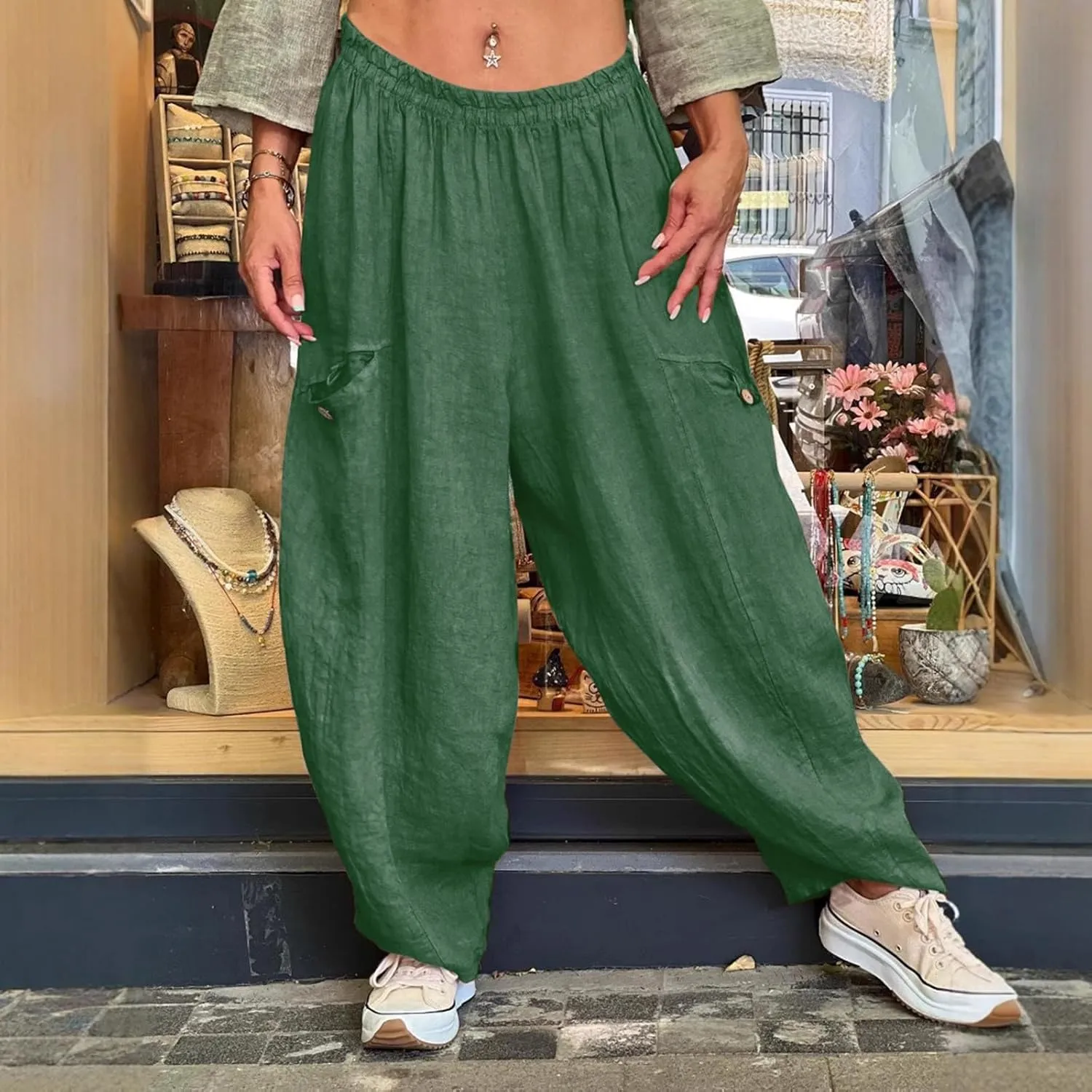 Summer Cotton Linen Pants Solid Color Pocket Baggy Casual Pants Women Pleated High Waisted Wide Leg Pants Wide Leg