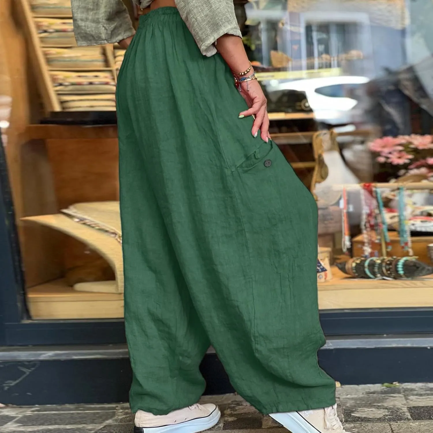 Summer Cotton Linen Pants Solid Color Pocket Baggy Casual Pants Women Pleated High Waisted Wide Leg Pants Wide Leg