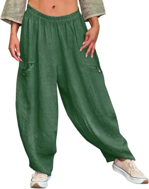 Summer Cotton Linen Pants Solid Color Pocket Baggy Casual Pants Women Pleated High Waisted Wide Leg Pants Wide Leg