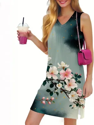 Summer Dresses for Women 2025 Casual V Neck Sleeveless Sundresses Floral Print Tank Beach Dresses with Split