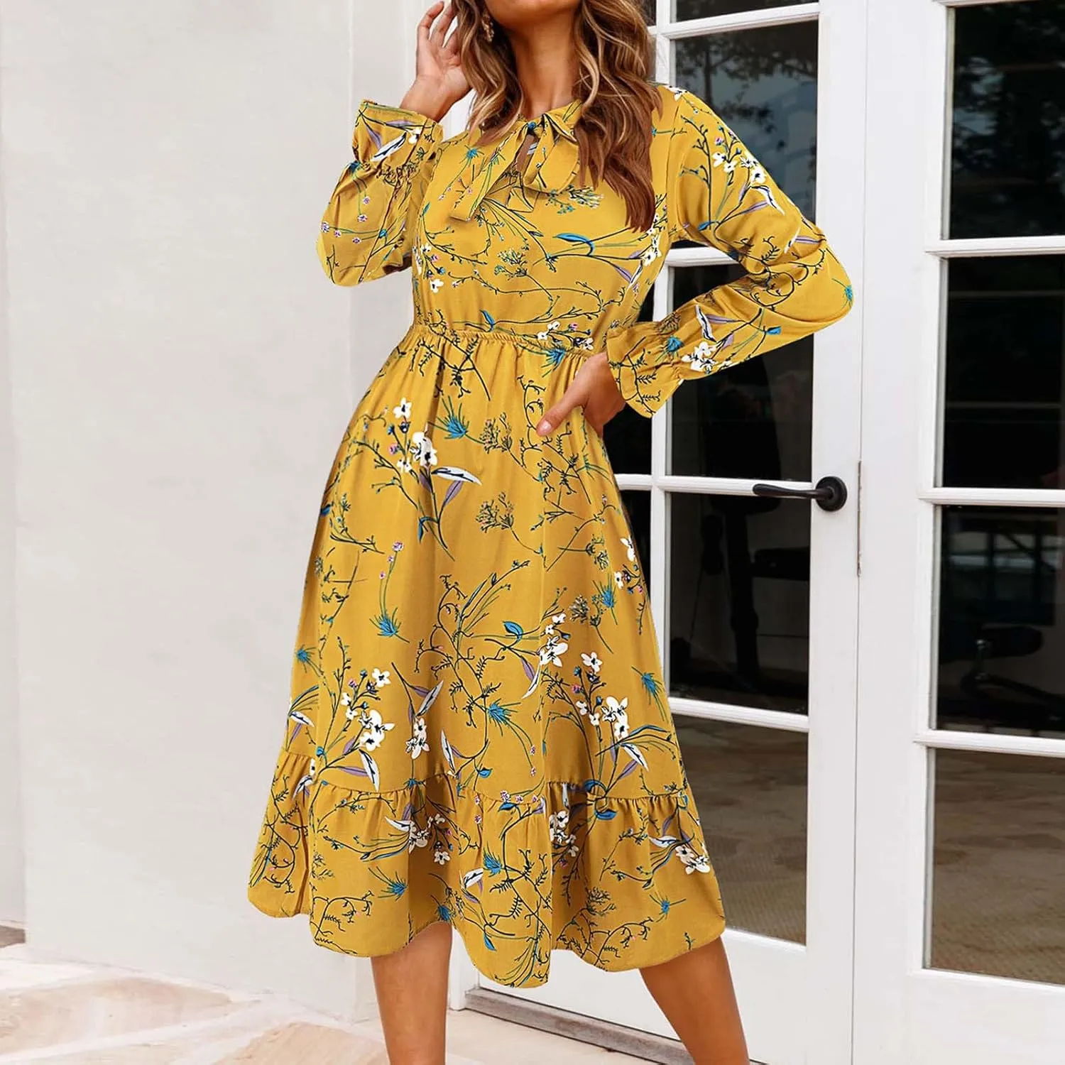 Summer Dresses for Women 2025 Trendy Bohemian Style Floral Midi Dress Long Sleeve Round-Neck Beach Casual Sundress
