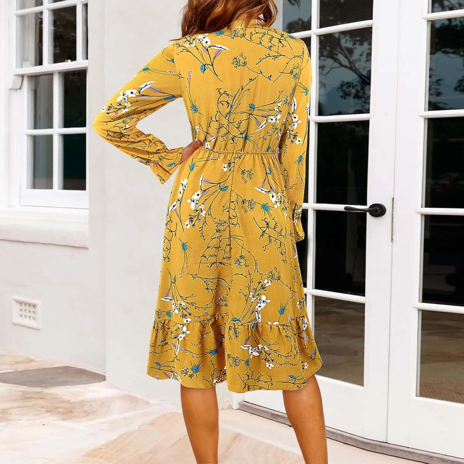 Summer Dresses for Women 2025 Trendy Bohemian Style Floral Midi Dress Long Sleeve Round-Neck Beach Casual Sundress