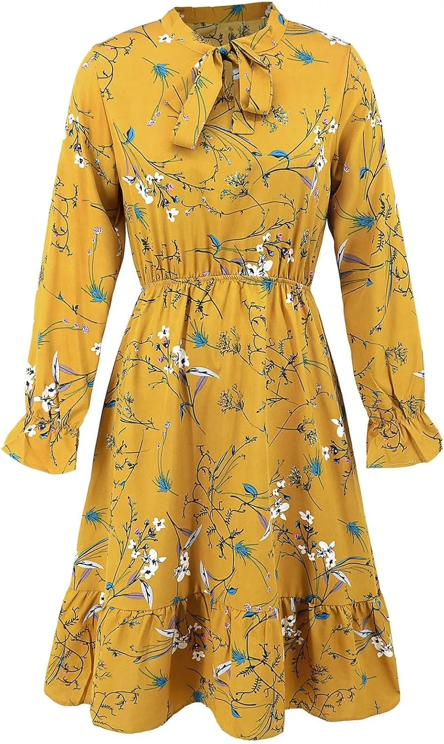 Summer Dresses for Women 2025 Trendy Bohemian Style Floral Midi Dress Long Sleeve Round-Neck Beach Casual Sundress