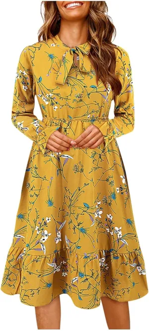 Summer Dresses for Women 2025 Trendy Bohemian Style Floral Midi Dress Long Sleeve Round-Neck Beach Casual Sundress
