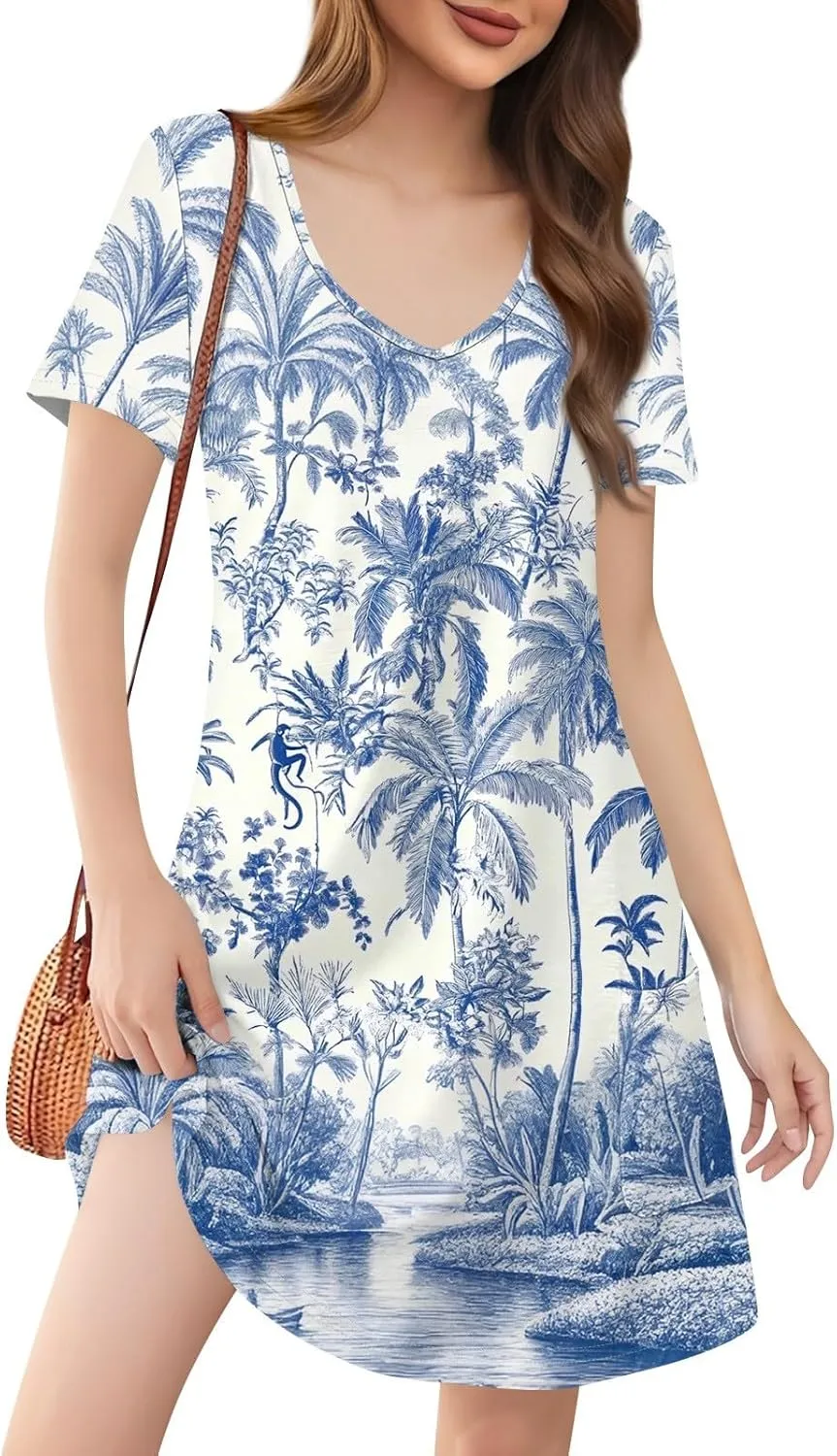 Summer Dresses for Women Casual Flowy Beach Swing Dress Short Sleeve Floral Sundress Beach Cover Ups with Pockets