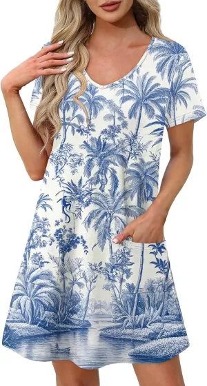 Summer Dresses for Women Casual Flowy Beach Swing Dress Short Sleeve Floral Sundress Beach Cover Ups with Pockets