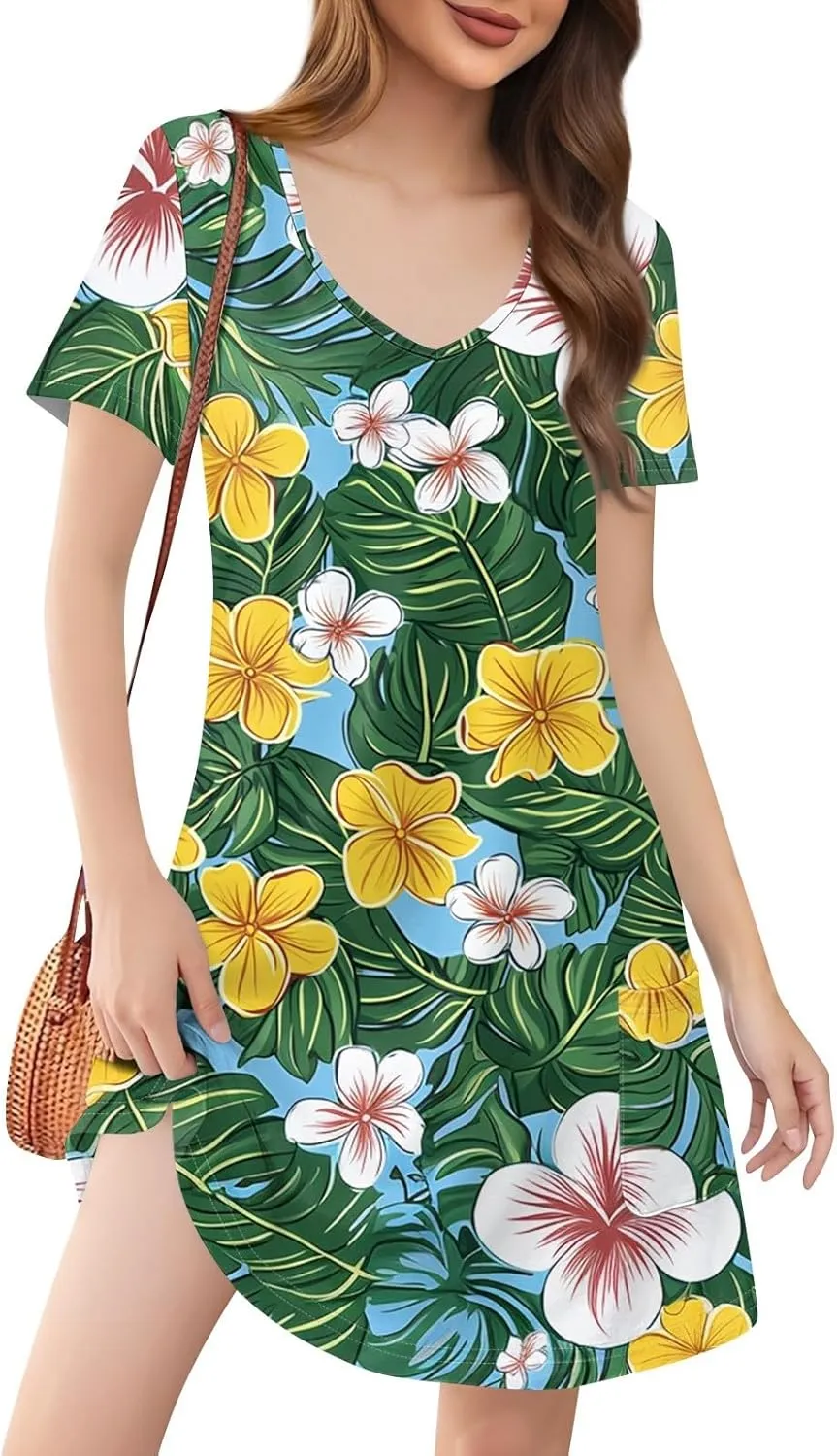 Summer Dresses for Women Casual Flowy Beach Swing Dress Short Sleeve Floral Sundress Beach Cover Ups with Pockets
