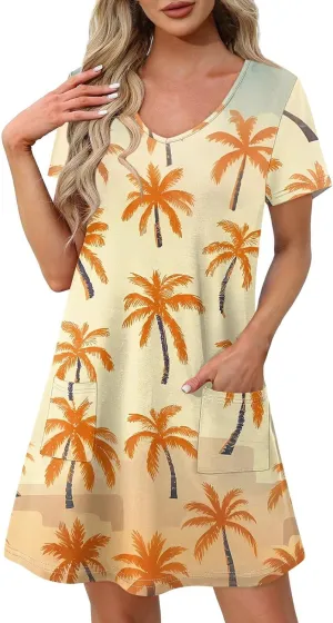 Summer Dresses for Women Casual Flowy Beach Swing Dress Short Sleeve Floral Sundress Beach Cover Ups with Pockets