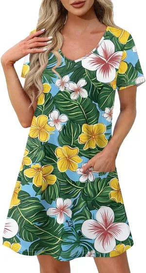 Summer Dresses for Women Casual Flowy Beach Swing Dress Short Sleeve Floral Sundress Beach Cover Ups with Pockets