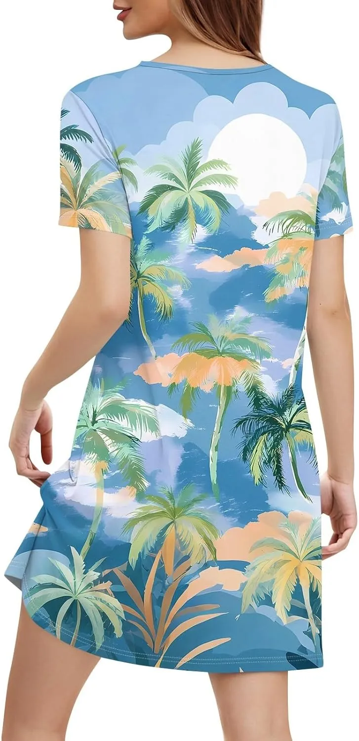 Summer Dresses for Women Casual Flowy Beach Swing Dress Short Sleeve Floral Sundress Beach Cover Ups with Pockets