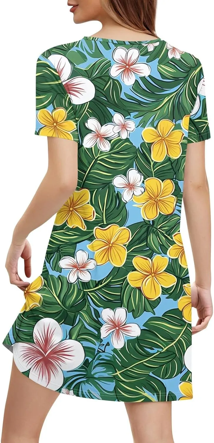 Summer Dresses for Women Casual Flowy Beach Swing Dress Short Sleeve Floral Sundress Beach Cover Ups with Pockets