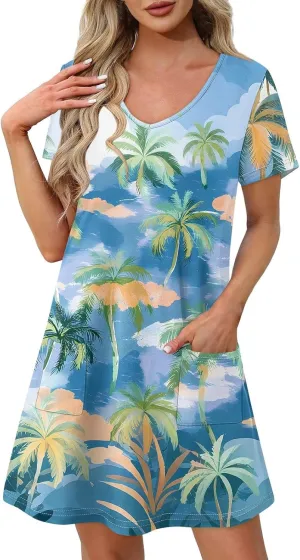 Summer Dresses for Women Casual Flowy Beach Swing Dress Short Sleeve Floral Sundress Beach Cover Ups with Pockets