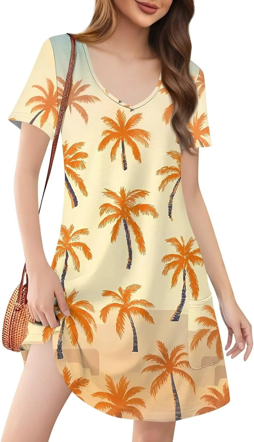 Summer Dresses for Women Casual Flowy Beach Swing Dress Short Sleeve Floral Sundress Beach Cover Ups with Pockets
