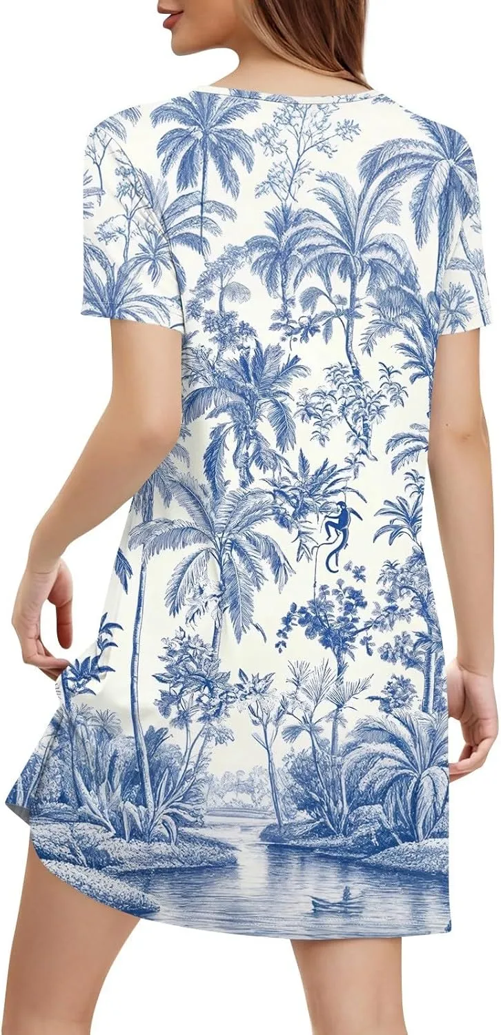 Summer Dresses for Women Casual Flowy Beach Swing Dress Short Sleeve Floral Sundress Beach Cover Ups with Pockets