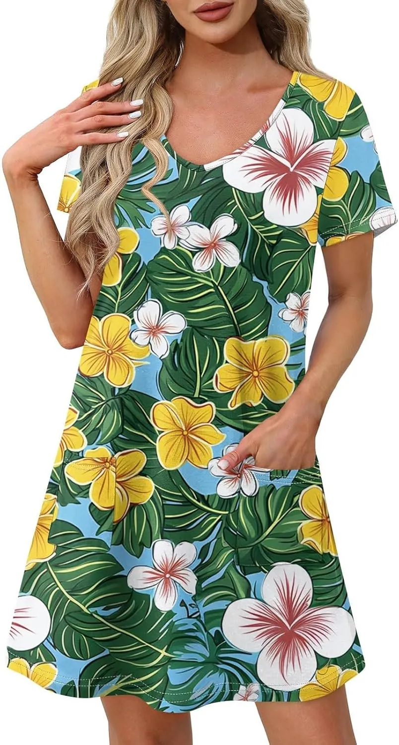 Summer Dresses for Women Casual Flowy Beach Swing Dress Short Sleeve Floral Sundress Beach Cover Ups with Pockets