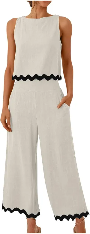 Summer Outfits for Women 2025 2 Piece Cotton Linen Sets Scallop Trim Hem Sleeveless Cropped Tank Top Wide Leg Pants