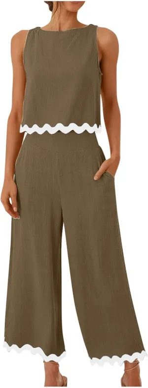 Summer Outfits for Women 2025 2 Piece Cotton Linen Sets Scallop Trim Hem Sleeveless Cropped Tank Top Wide Leg Pants