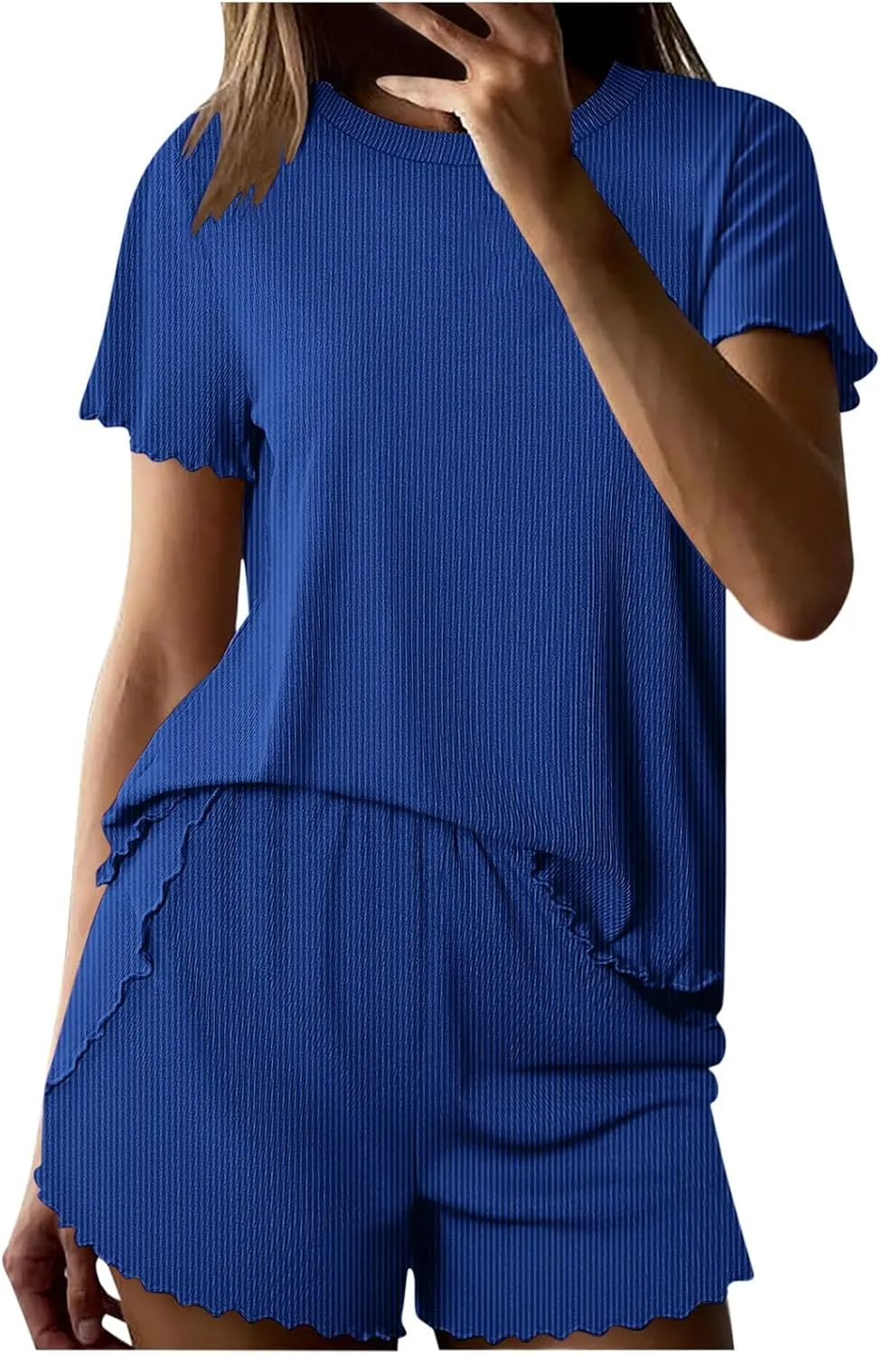 Summer Pjs for Women Set 2 Piece Ribbed Knit Ruffle Short Sleeve Sleepwear Summer Soft Pajamas Set with Pockets 2025