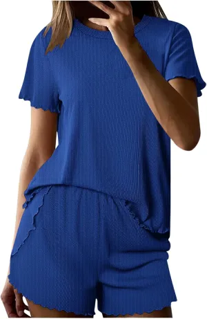 Summer Pjs for Women Set 2 Piece Ribbed Knit Ruffle Short Sleeve Sleepwear Summer Soft Pajamas Set with Pockets 2025
