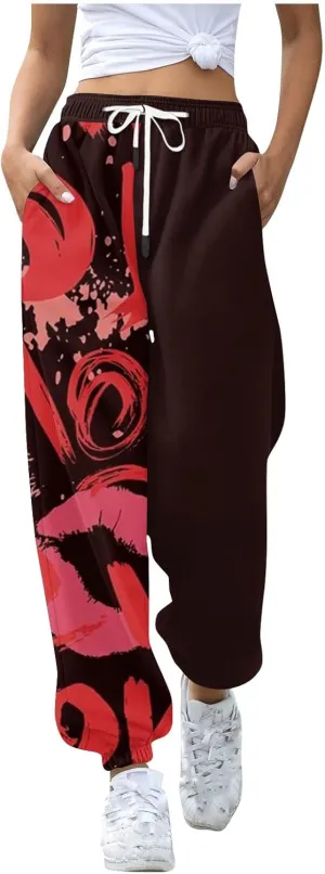Sweatpants for Women High Waisted Loose Jogger Baggy Elastic Love Print Wide Leg Sweat Pants Pocket Athletic Trousers