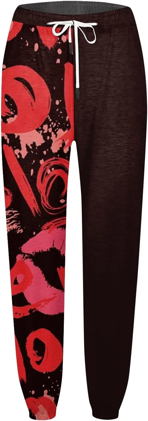 Sweatpants for Women High Waisted Loose Jogger Baggy Elastic Love Print Wide Leg Sweat Pants Pocket Athletic Trousers