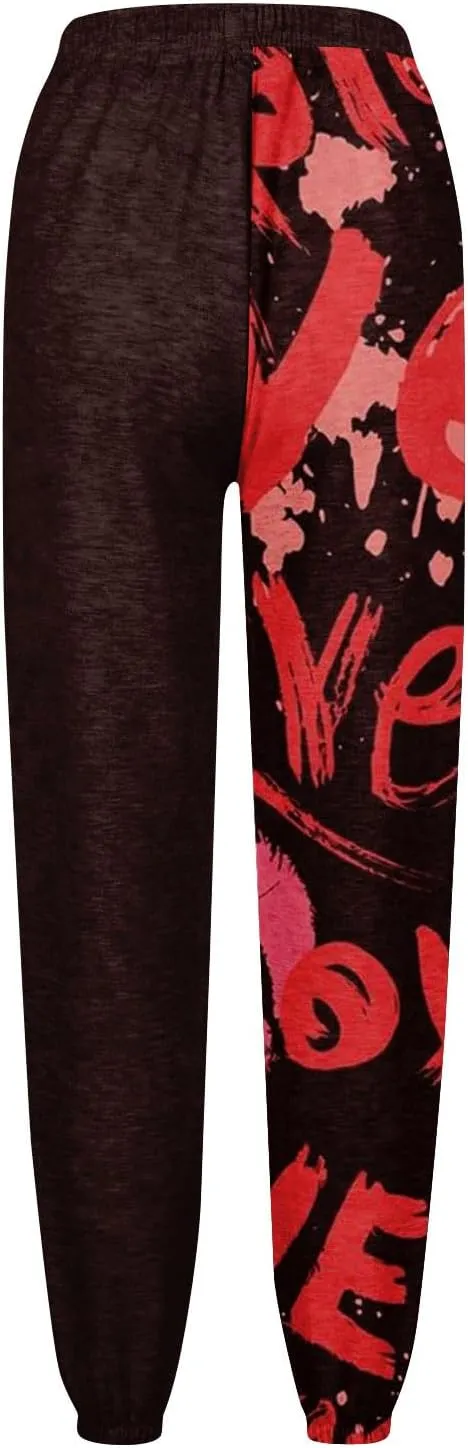 Sweatpants for Women High Waisted Loose Jogger Baggy Elastic Love Print Wide Leg Sweat Pants Pocket Athletic Trousers