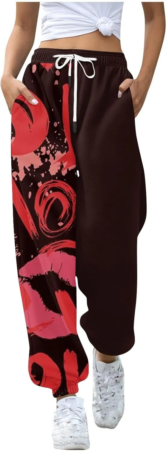 Sweatpants for Women High Waisted Loose Jogger Baggy Elastic Love Print Wide Leg Sweat Pants Pocket Athletic Trousers