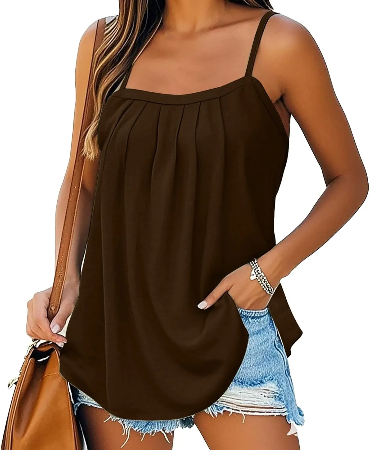 Tank Top for Women Summer Sleeveless Pleated Spaghetti Strap T Shirts Dressy Beach Vacation Clothes Fashion Outfits
