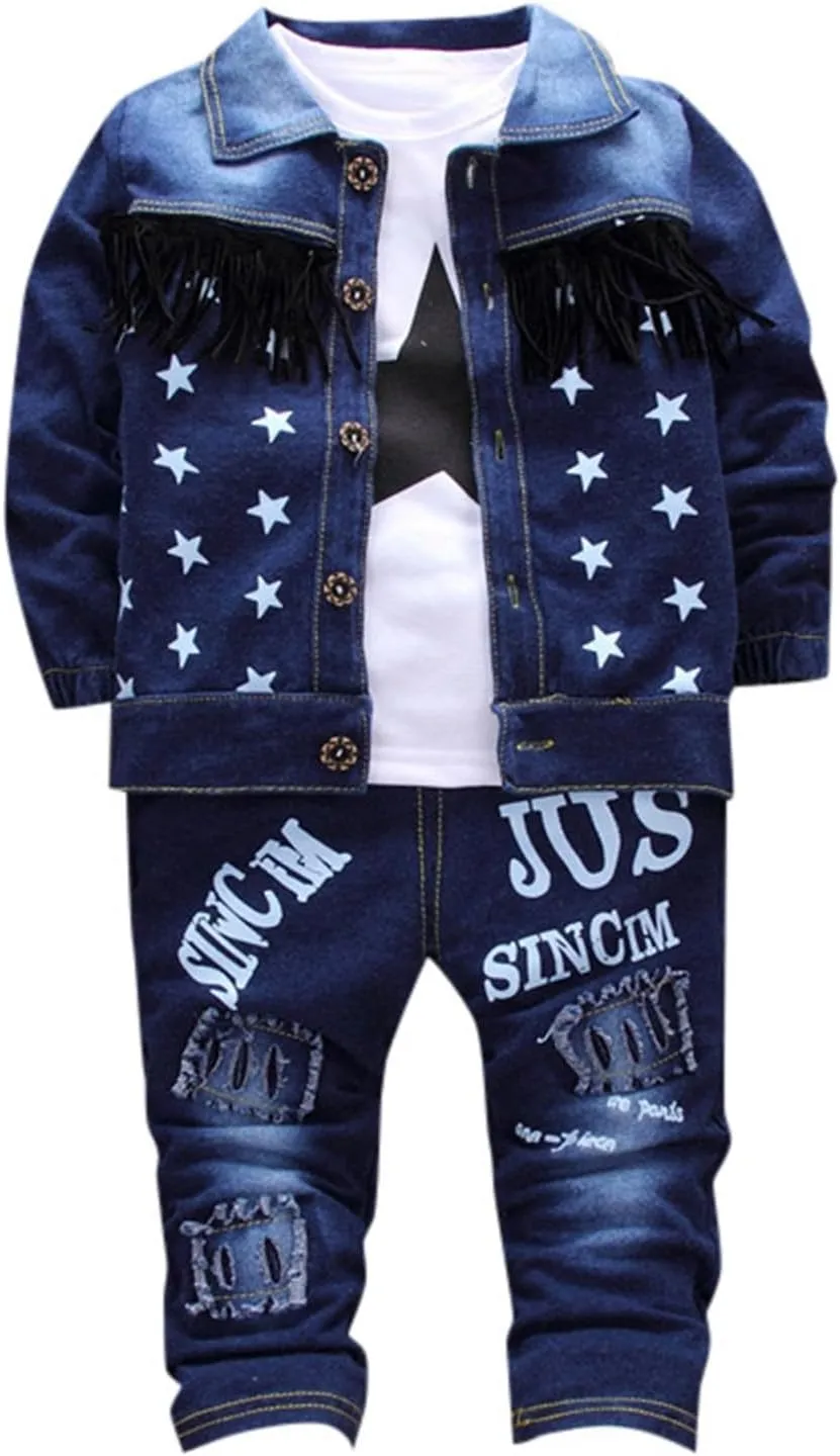 Toddle Boy's Denim Sets Button Front Jacket And Pants Suits Fall Summer Stars Letter Print Stylish Outfits Set