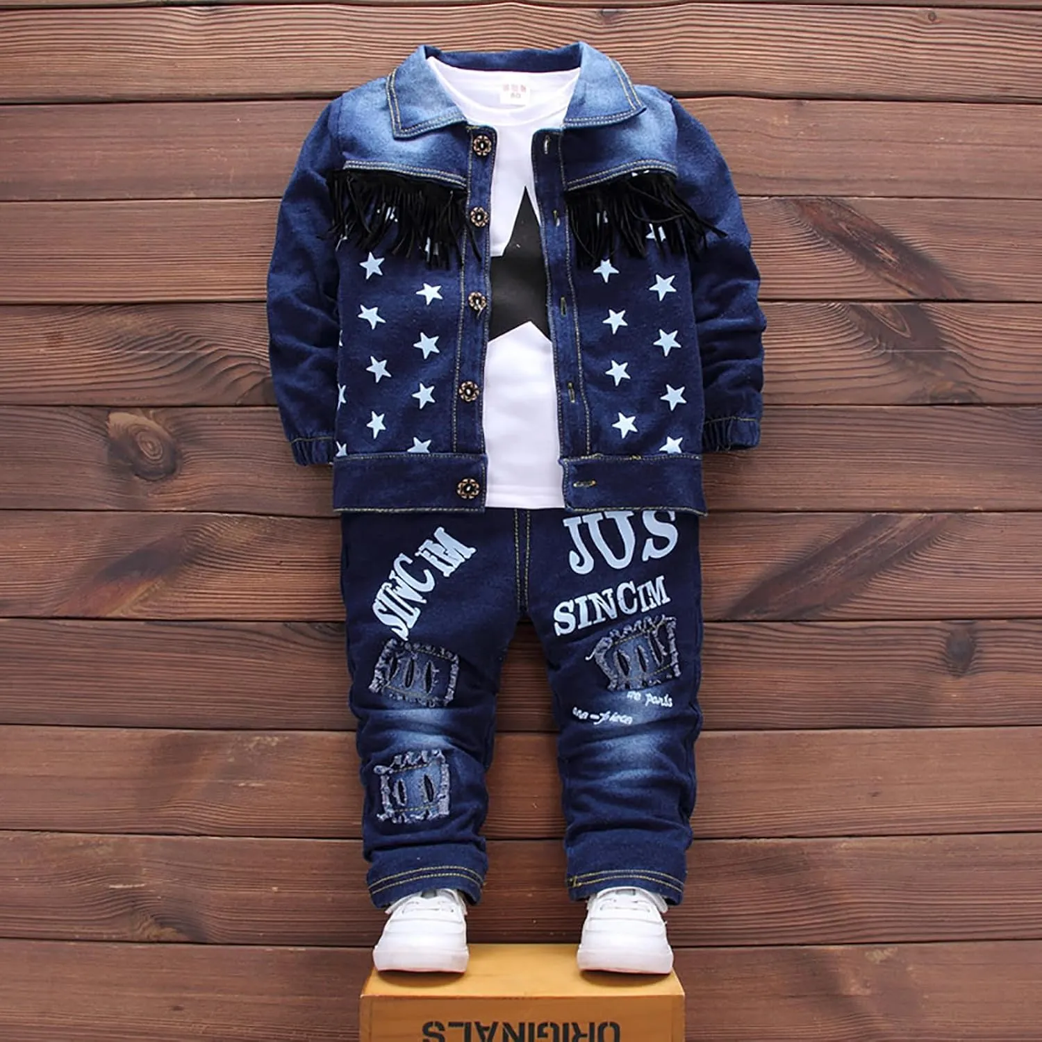 Toddle Boy's Denim Sets Button Front Jacket And Pants Suits Fall Summer Stars Letter Print Stylish Outfits Set