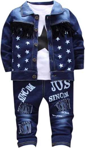 Toddle Boy's Denim Sets Button Front Jacket And Pants Suits Fall Summer Stars Letter Print Stylish Outfits Set