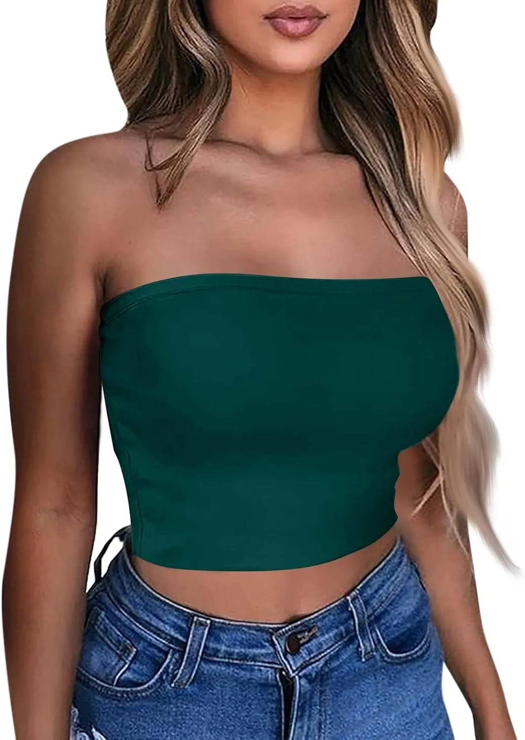 Tube Tops for Women with Built in Bra Summer Strapless Slim Fit Crop Tops Double Lined Sleeveless Crop Tank