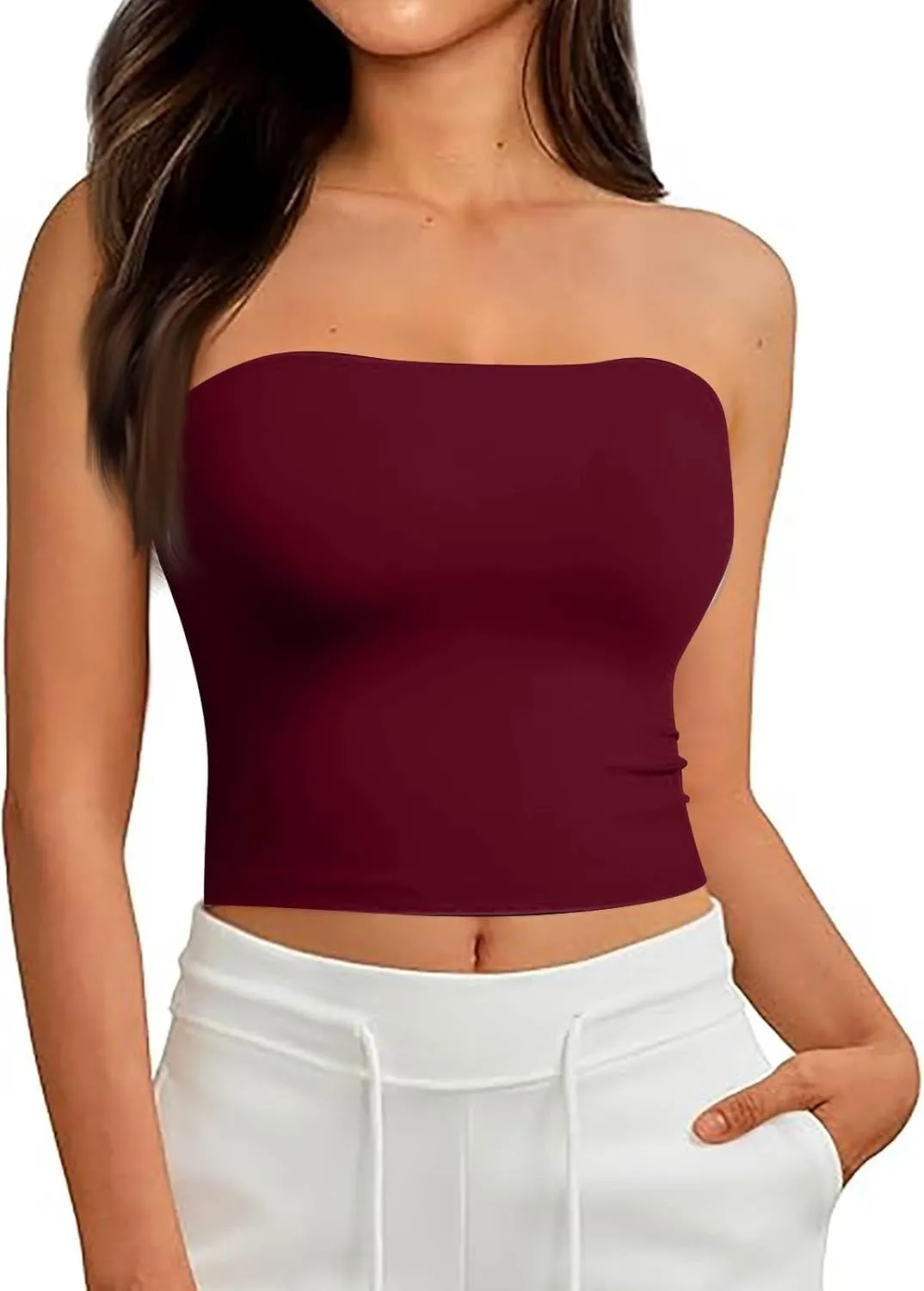 Tube Tops for Women with Built in Bra Summer Strapless Slim Fit Crop Tops Double Lined Sleeveless Crop Tank