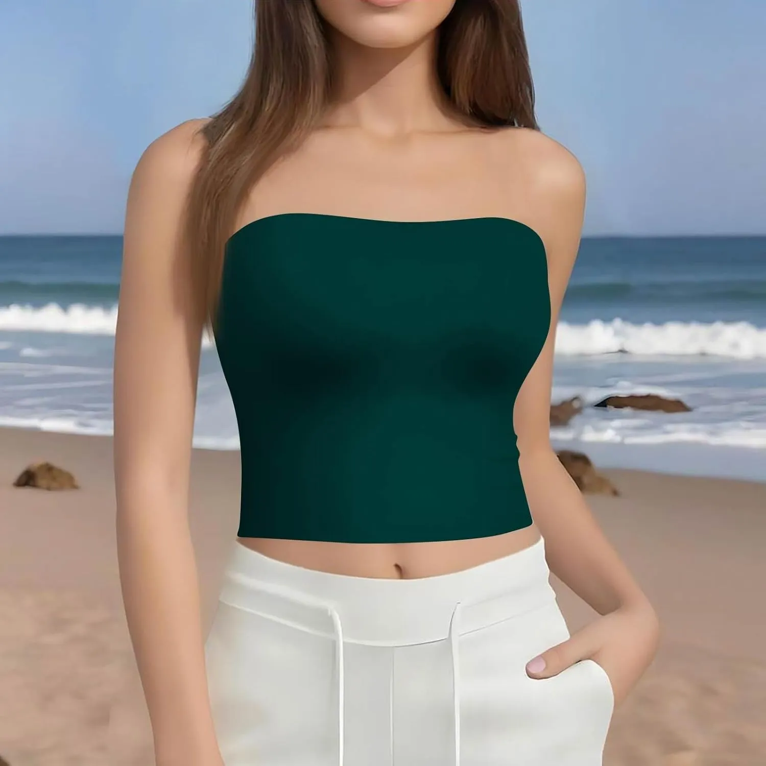Tube Tops for Women with Built in Bra Summer Strapless Slim Fit Crop Tops Double Lined Sleeveless Crop Tank