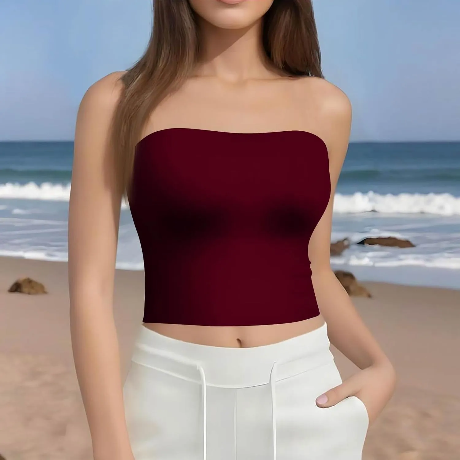Tube Tops for Women with Built in Bra Summer Strapless Slim Fit Crop Tops Double Lined Sleeveless Crop Tank