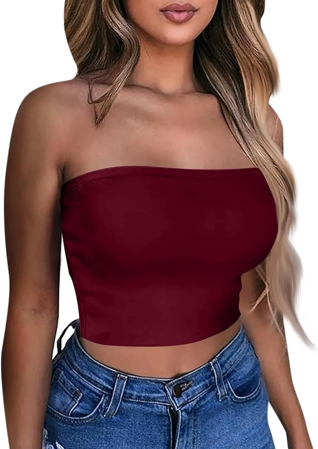 Tube Tops for Women with Built in Bra Summer Strapless Slim Fit Crop Tops Double Lined Sleeveless Crop Tank