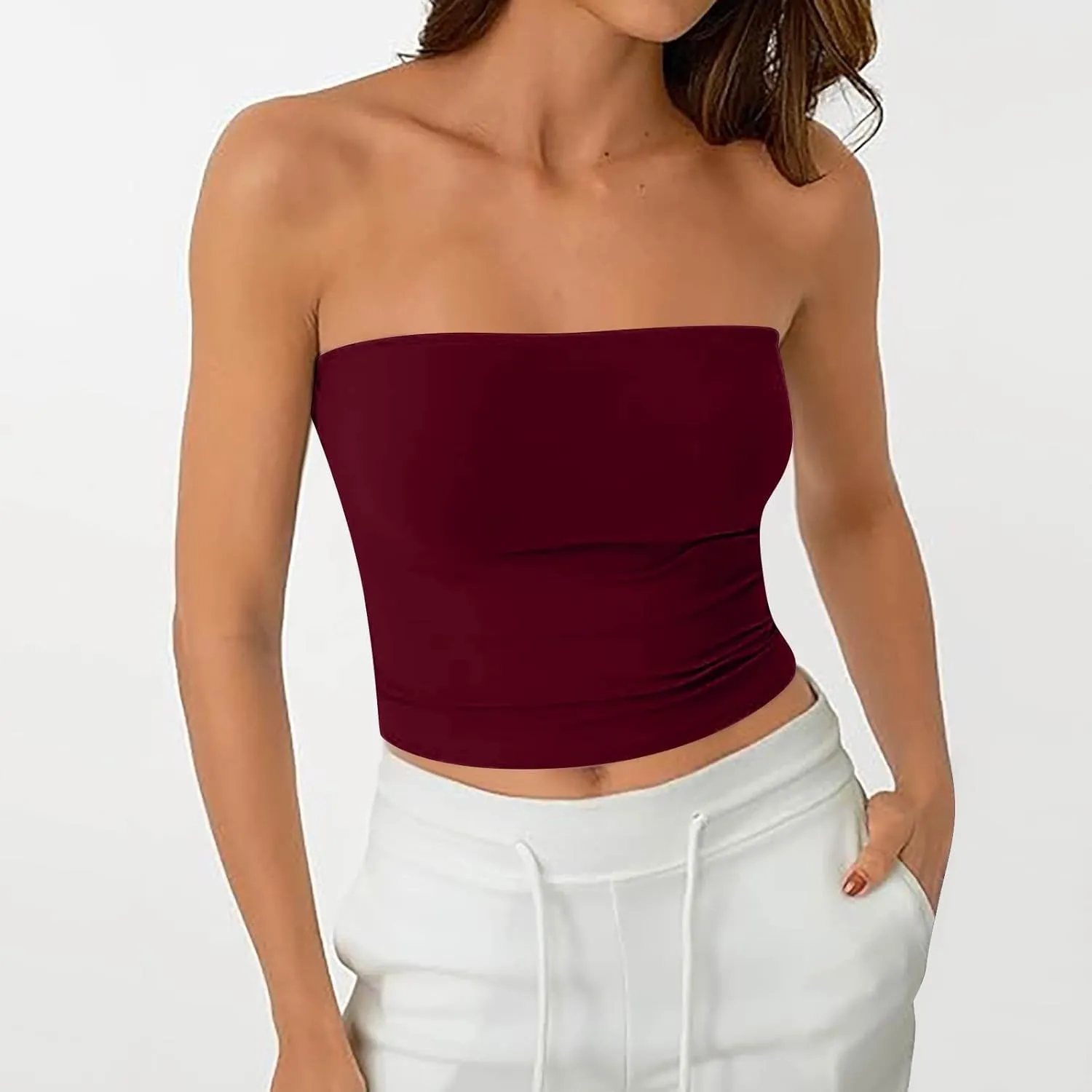 Tube Tops for Women with Built in Bra Summer Strapless Slim Fit Crop Tops Double Lined Sleeveless Crop Tank