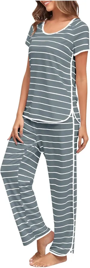 Two Piece Pajamas for Women Casual Round Neck Horizontal Stripes Short Sleeve and Long Lounge Pant Sleepwear Set