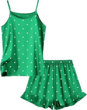 Umeyda Girls & Women Sexy Silk Satin Ruffled Pajamas Sets 2Pj Silk Nightwear Shorts Pjs Set Sleepwear
