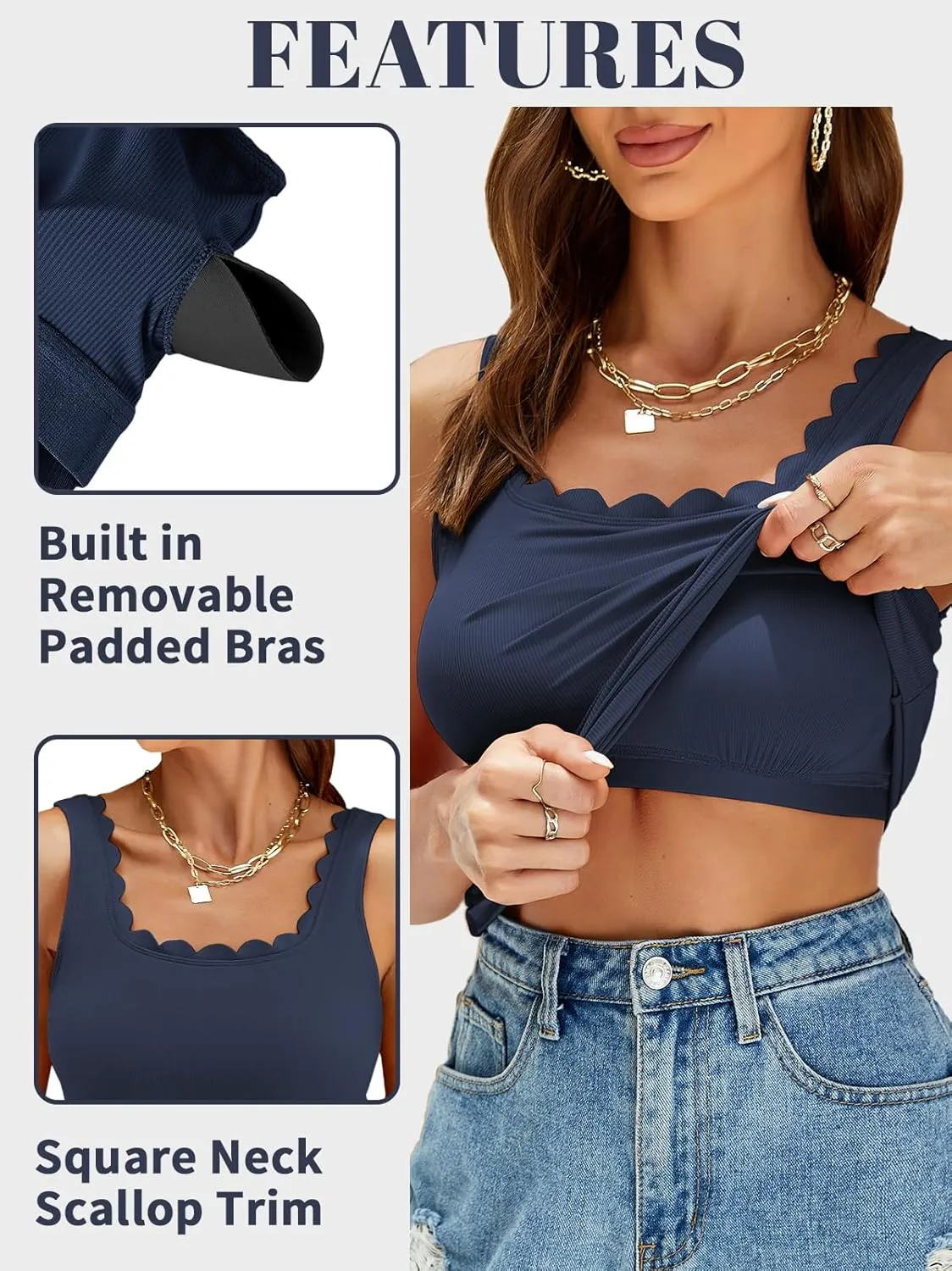 V FOR CITY Scallop Trim Square Neck Tank Tops with Built in Bras for Women Slim Fit Camisole Top Yoga Shirt