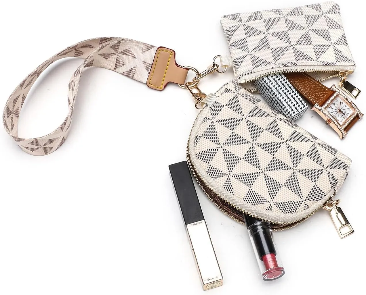 Veki Keychain Wallet Wristlet for Women, Mini Detachable Dual Coin Purse Pocket Key Chain Wallets, Portable Small Clippable Card Pouch, Zip Around Key Ring Wallet Clip Pouch (White pattern)