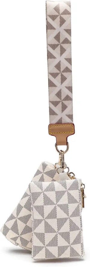 Veki Keychain Wallet Wristlet for Women, Mini Detachable Dual Coin Purse Pocket Key Chain Wallets, Portable Small Clippable Card Pouch, Zip Around Key Ring Wallet Clip Pouch (White pattern)