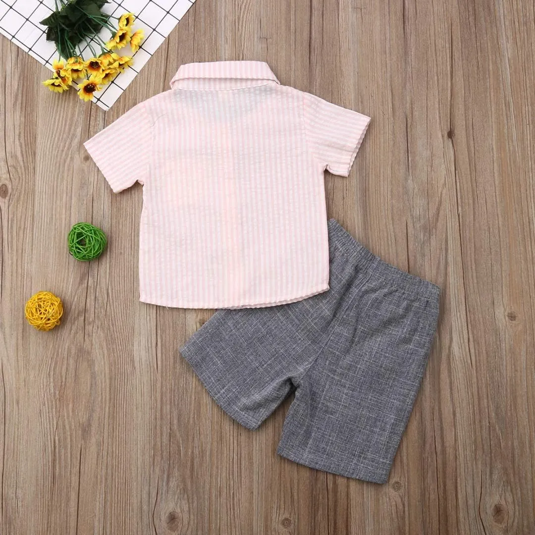 VISGOGO Toddler Baby Boy Flamingo Short Sleeve Button Down Shirt & Casual Shorts Set Summer Outfits 1-6 Years Clothes