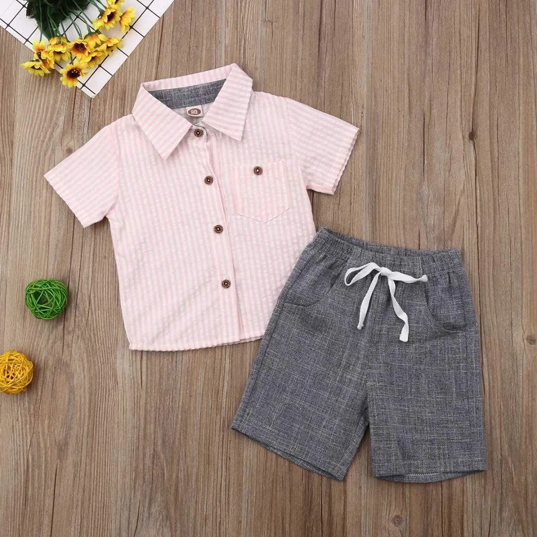 VISGOGO Toddler Baby Boy Flamingo Short Sleeve Button Down Shirt & Casual Shorts Set Summer Outfits 1-6 Years Clothes